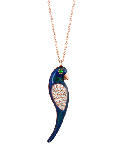 Shop Effy Collection Effy Diamond (1/4 Ct. T.w.), Tsavorite Accent & Blue Enamel Parrot 18" Pendant Necklace In 14k Rose  In Gold