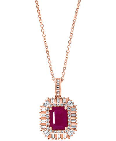 Shop Effy Collection Effy Ruby (1-1/2 Ct. T.w.) & Diamond (1/8 Ct. T.w.) Baguette Halo 16" Pendant Necklace In 14k Rose G In Red