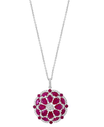 Shop Effy Collection Effy Ruby (6-7/8 Ct. T.w.) & Diamond (5/8 Ct. T.w.) Flower Cluster 18" Pendant Necklace In 14k White In Red