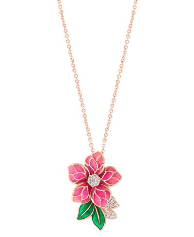 Shop Effy Collection Effy Diamond (1/5 Ct. T.w.) & Enamel Flower 18" Pendant Necklace In 14k Rose Gold