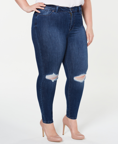 Shop Celebrity Pink Trendy Plus Size High-rise Distressed Skinny Ankle Jeans In Blue