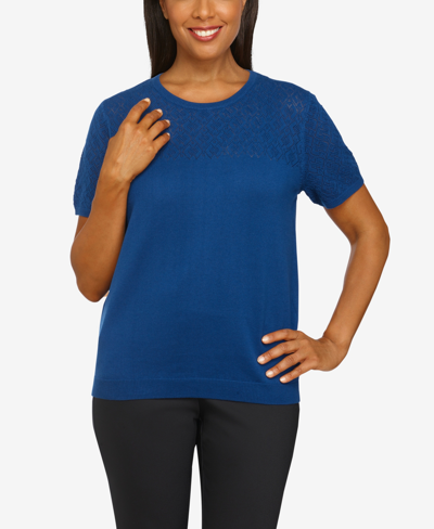 Shop Alfred Dunner Petite Short Sleeve Crewneck Sweater In Blue