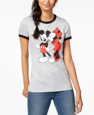 Shop Disney Juniors' Mickey & Minnie Graphic-print T-shirt In Gray