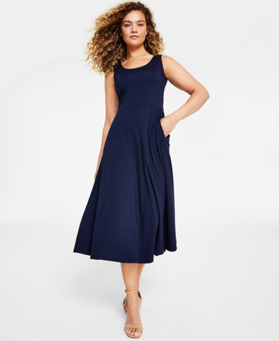 Shop Msk Solid Fit-and-flare Midi Tank Dress In Blue