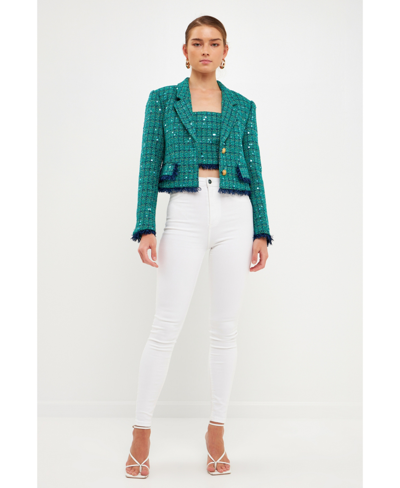Shop Endless Rose Women's Cropped Fringe Tweed Jacket In Green