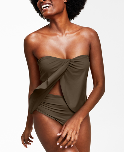 Shop Vince Camuto Strapless Draped Tankini Top In Green