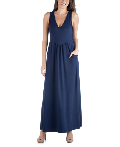 Shop 24seven Comfort Apparel Sleeveless V-neck Maxi Dress With Pocket Detail In Blue