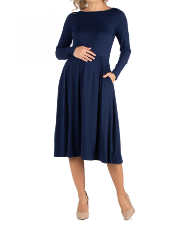 Shop 24seven Comfort Apparel Midi Length Fit And Flare Pocket Maternity Dress In Blue