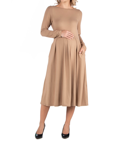 Shop 24seven Comfort Apparel Midi Length Fit And Flare Pocket Maternity Dress In Tan/beige