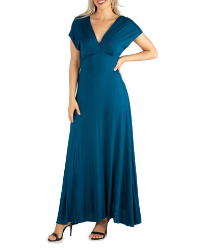Shop 24seven Comfort Apparel Women's Cap Sleeve V-neck Maxi Dress In Blue