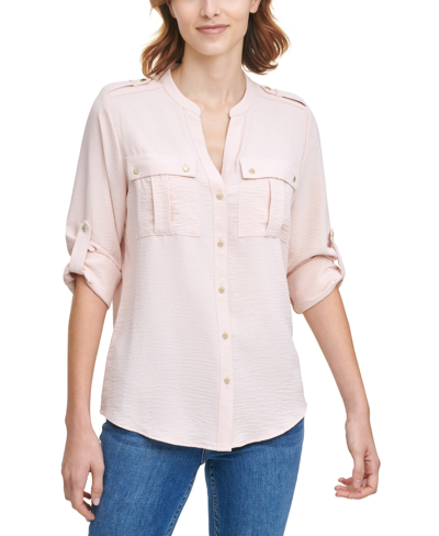 Shop Calvin Klein Textured Roll Tab Button Down Shirt In Pink