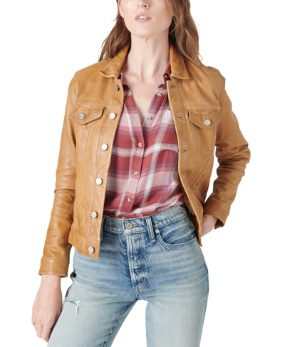 Shop Lucky Brand Leather Trucker Jacket In Brown