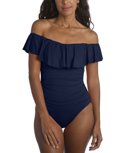 Shop La Blanca Island Goddess Off-the-shoulder Ruffled Tummy-control One-piece Swimsuit Women's Swimsuit In Blue