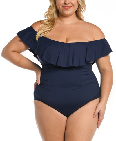 Shop La Blanca Plus Size Island Goddess Off-the-shoulder One-piece Swimsuit Women's Swimsuit In Blue