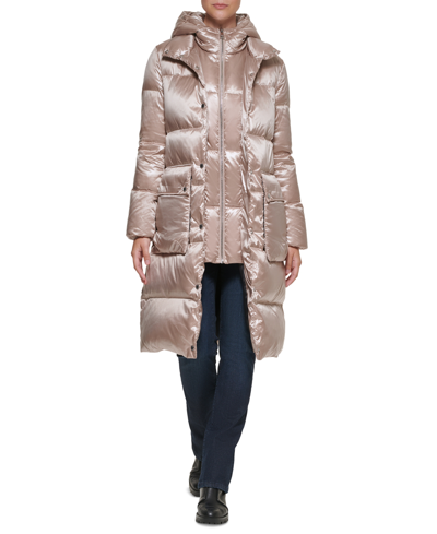 Shop Karl Lagerfeld Women's Hooded Quilted Down Puffer Coat In Tan/beige
