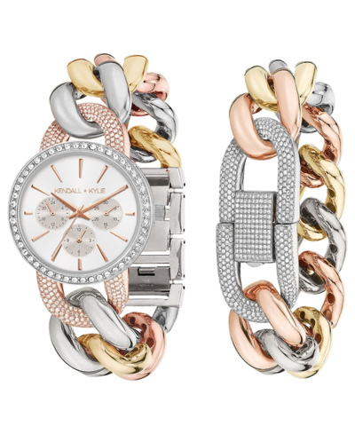 Shop Kendall + Kylie Women's  Large Open-link Crystal Embellished Tri Tone Stainless Steel Strap Analog Wa In Multi