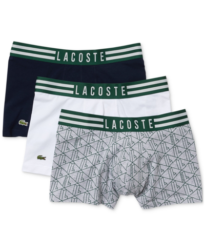 Shop Lacoste Men's Striped Waist Stretch Cotton-blend Trunks, 3-pack In Silver
