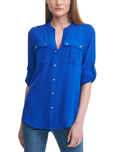 Shop Calvin Klein Textured Roll Tab Button Down Shirt In Blue