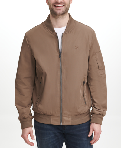 Shop Calvin Klein Men's Full-zip Flight Jacket With Embroidered Tonal Logo In Brown