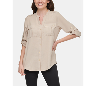 Shop Calvin Klein Textured Roll Tab Button Down Shirt In Tan/beige