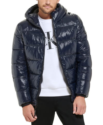 Shop Calvin Klein Men's High Shine Hooded Puffer Jacket In Blue