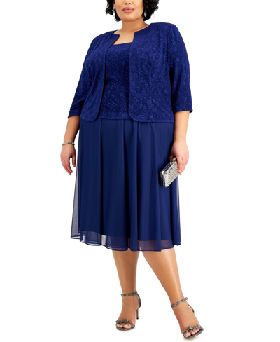 Shop Alex Evenings Plus Size Jacquard-top Dress & Matching Jacket In Blue