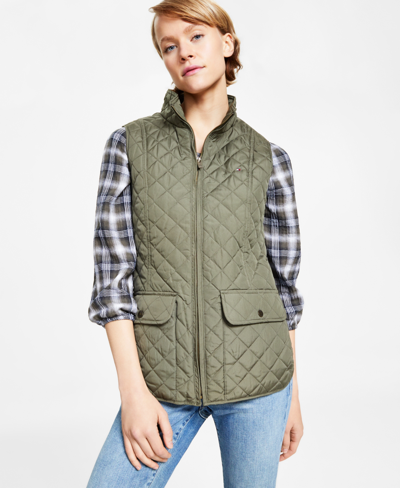 Shop Tommy Hilfiger Women's Quilted Zip Front Vest In Green
