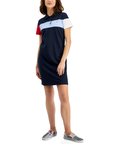 Shop Tommy Hilfiger Women's Short-sleeve Colorblocked Polo Dress In Blue