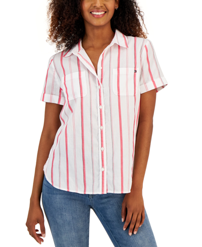 Shop Tommy Hilfiger Women's Striped Short Sleeve Camp Shirt In Red