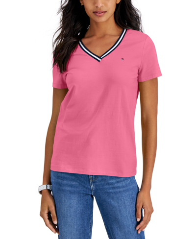 Shop Tommy Hilfiger Women's Striped V-neck Short-sleeve T-shirt In Pink