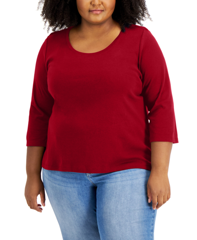 Shop Tommy Hilfiger Plus Size Cotton 3/4-sleeve T-shirt In Red