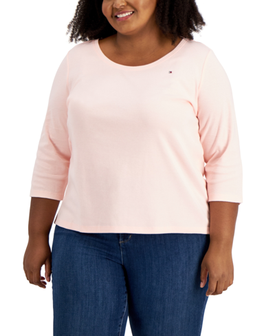 Shop Tommy Hilfiger Plus Size Cotton 3/4-sleeve T-shirt In Pink
