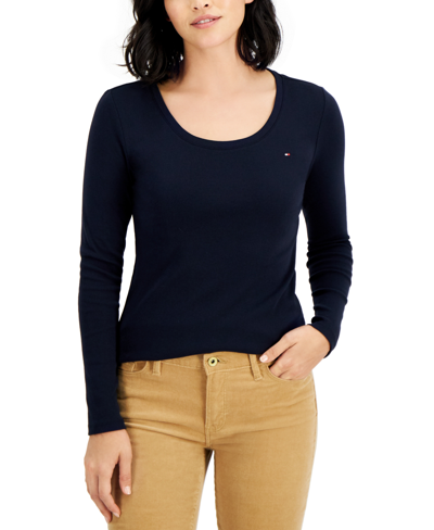 Shop Tommy Hilfiger Women's Solid Scoop-neck Long-sleeve Top In Blue