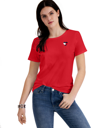 Shop Tommy Hilfiger Women's Embroidered Heart-logo T-shirt In Red
