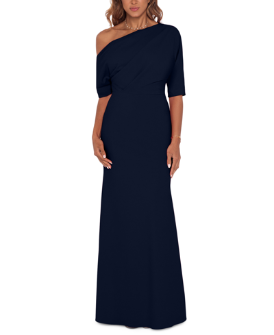 Shop Betsy & Adam Off-the-shoulder Scuba Gown In Blue