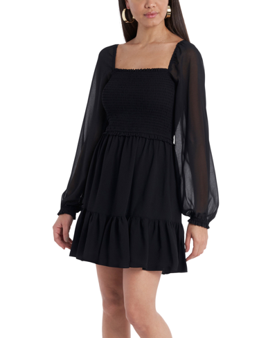 Shop 1.state Women's Smocked Ruffle Hem Long Sleeve Dress In Black