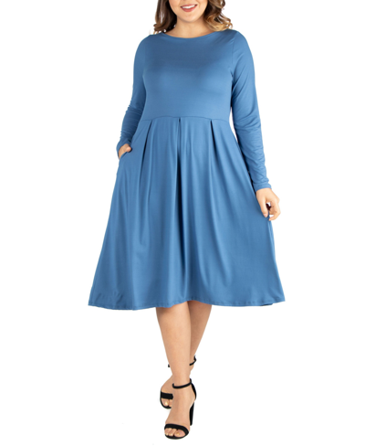 Shop 24seven Comfort Apparel Women's Plus Size Fit And Flare Midi Dress In Blue
