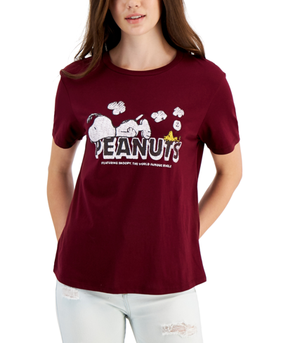 Shop Peanuts Juniors' Snoopy Logo T-shirt In Red