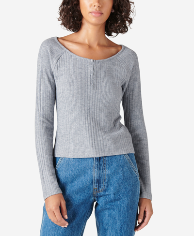Shop Lucky Brand Rib-knit Cloud Henley Top In Blue