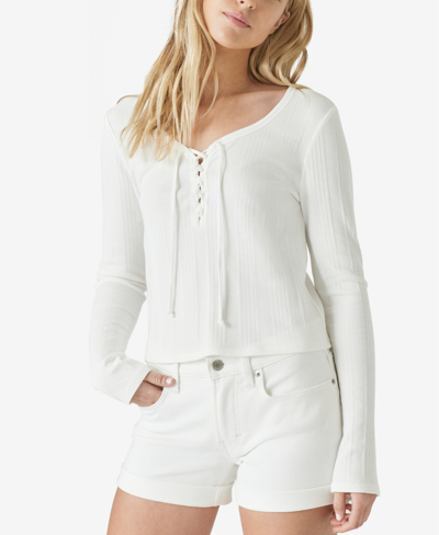 Shop Lucky Brand Ribbed Lace-up Long-sleeve Top In White