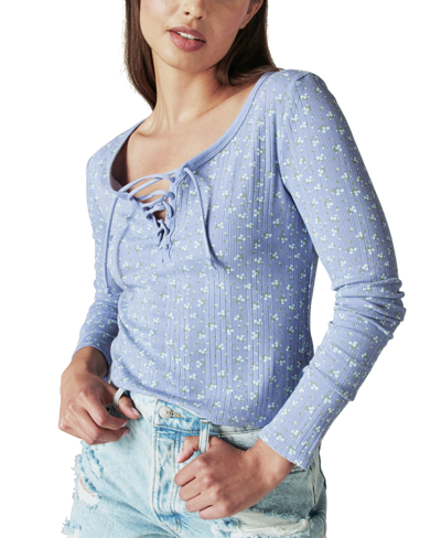 Shop Lucky Brand Ribbed Lace-up Long-sleeve Top In Blue