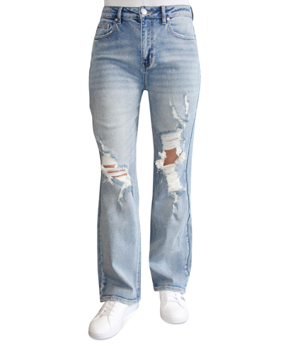 Shop Almost Famous Juniors' Distressed Wide-leg Jeans In Blue
