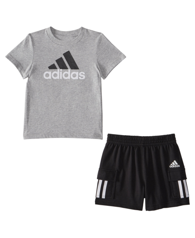 Shop Adidas Originals Adidas Baby Boys T Shirt And French Terry Cargo Shorts, 2 Piece Set In Gray