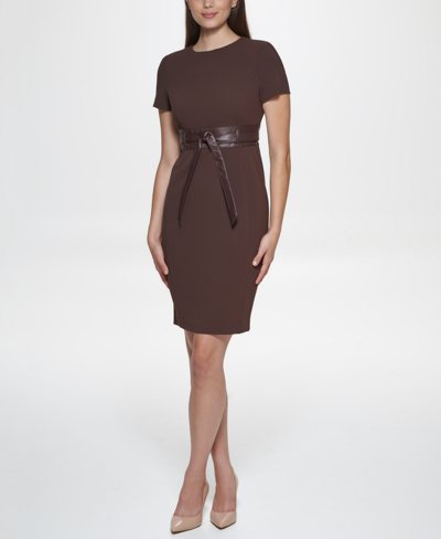 Shop Calvin Klein Solid Faux-leather Tie-waist Sheath Dress In Brown