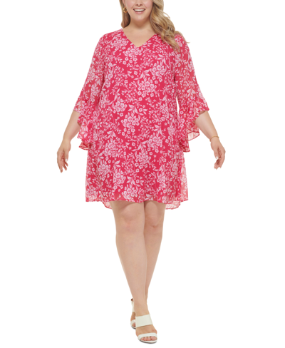 Shop Calvin Klein Plus Size Printed 3/4-ruffle-sleeve Shift Dress In Pink