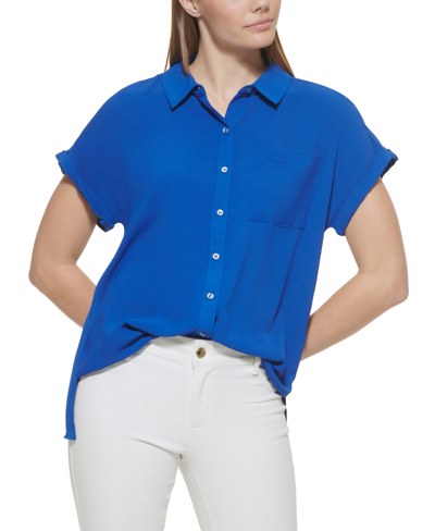 Shop Calvin Klein Short Sleeve Button Down Shirt In Blue
