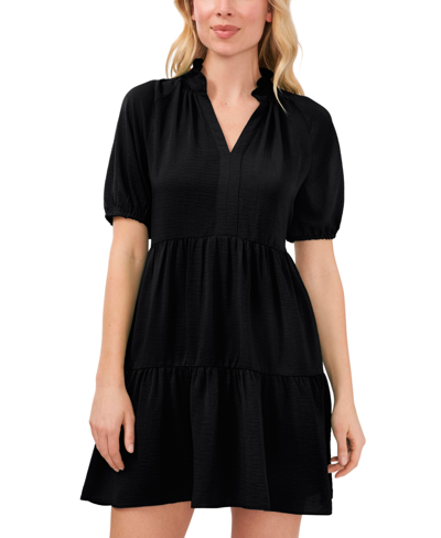 Shop Cece Women's Short Sleeve Tiered V-neck Baby Doll Dress In Black