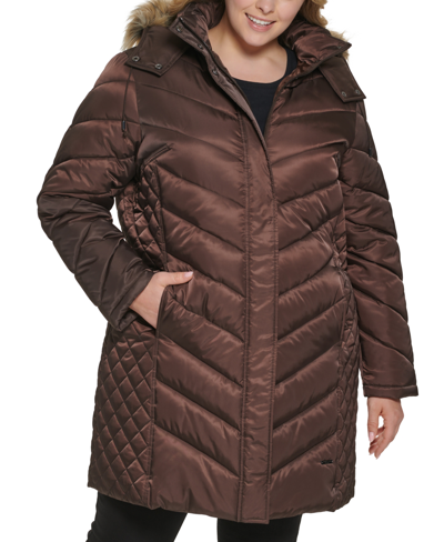 Shop Kenneth Cole Women's Plus Size Faux-fur-trim Hooded Puffer Coat, Created For Macy's In Brown