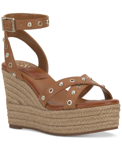 Shop Vince Camuto Feegella Studded Ankle-strap Platform Wedge Sandals Women's Shoes In Brown