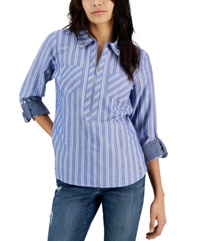 Tommy Hilfiger Women's Striped Half-zip Roll-tab Shirt In Chmbry 